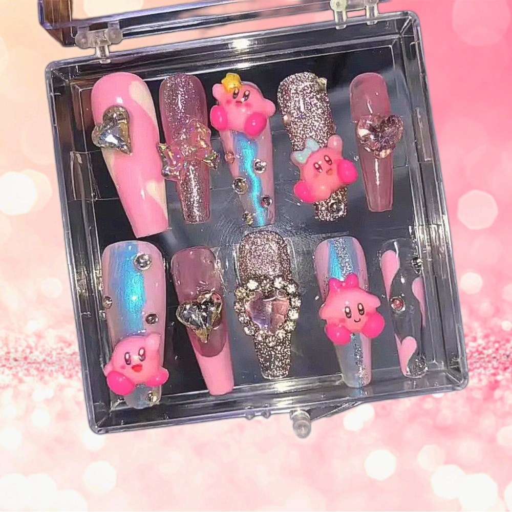 SOLD🚫 Kawaii Pink, Glitter, and Holographic Kirby Press-Ons